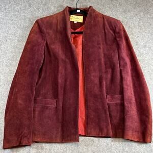 VINTAGE Carla Womens Jacket Burgundy Suede Leather Open Front 70s Blazer 13/14